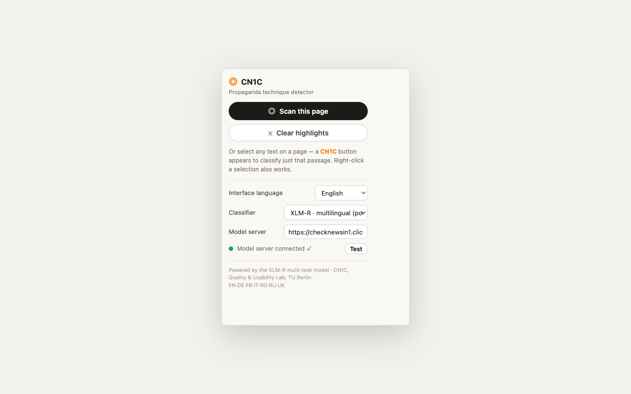 Extension popup with language, model, and server settings