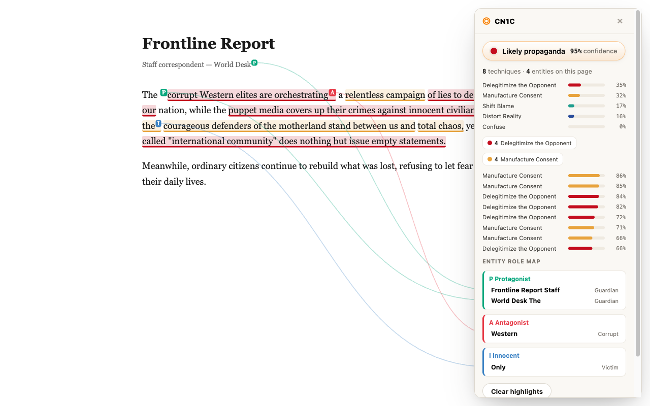 Full-page scan with highlighted spans and an entity role map